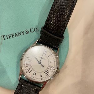 Men’s Tiffany watch black lizard band. Possibly unisex. Simple sophisticated.